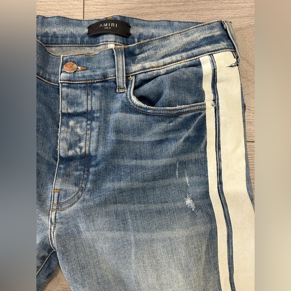 Amiri Broken Track distressed Skinny jeans w/white Stripe - Picture 5 of 16